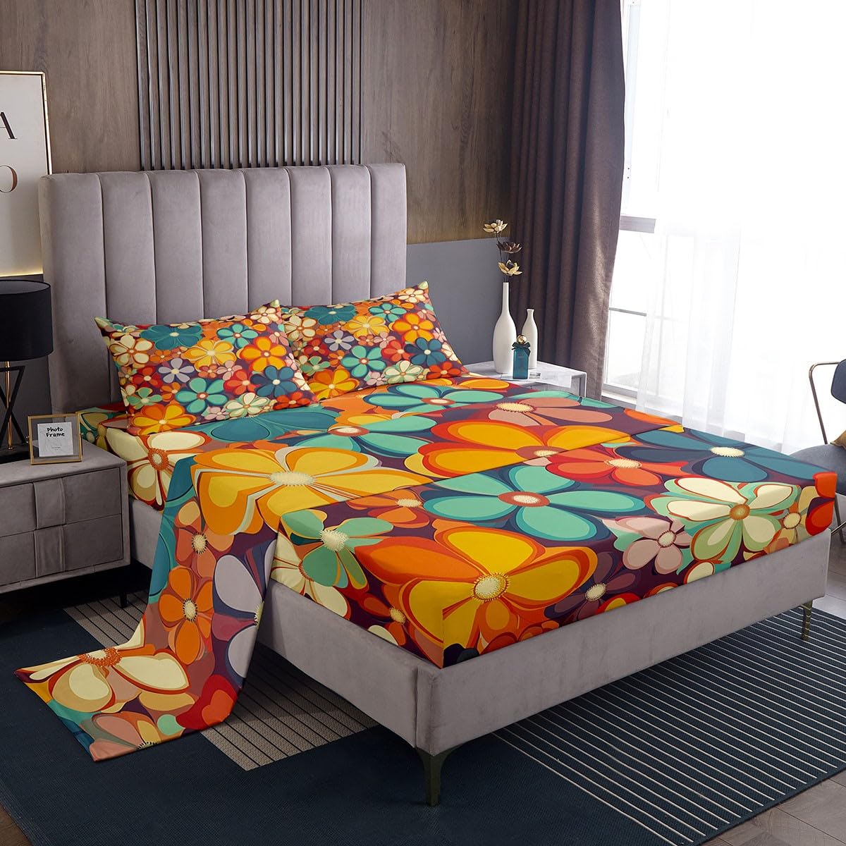 Erosebridal Groovy Flower Queen Sheets 70s Party Sheet & Pillowcase Sets Rainbow Floral Bed Sheets Boho Hippie Sheet Set Vintage Retro Party Top Sheet for Girl Woman Microfiber 4pcs…