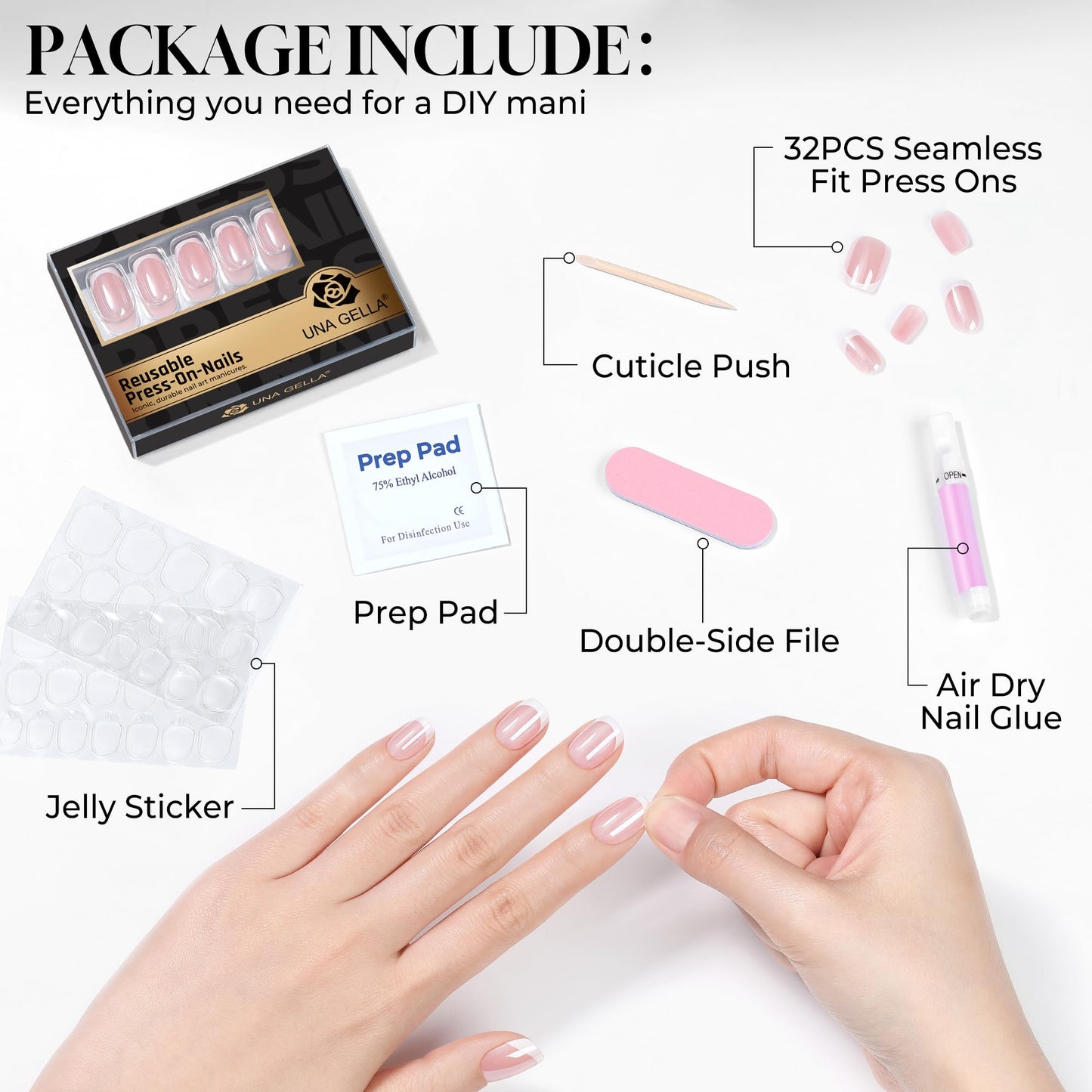 UNA GELLA 32Pcs Soft Gel Press on Nails - 16 Sizes Silver Mirror French Tip Short Square Glue on Nails, Reusable Metallic Chrome False Nails, Full Cover Acrylic Nail Kit for Women DIY Home Manicure