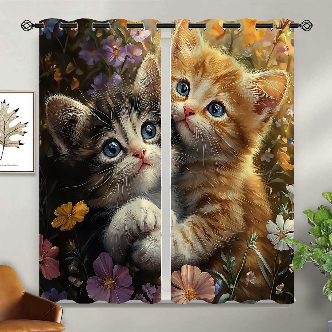 ONINUO Cute Cat Blackout Curtains for Girls Boy Home Decor, Funny Kawaii Kitty Lovely Animals Grommet Thermal Insulated Drapes Darkening Window Curtain for Bedroom Living Room, 42 x 45 Inch