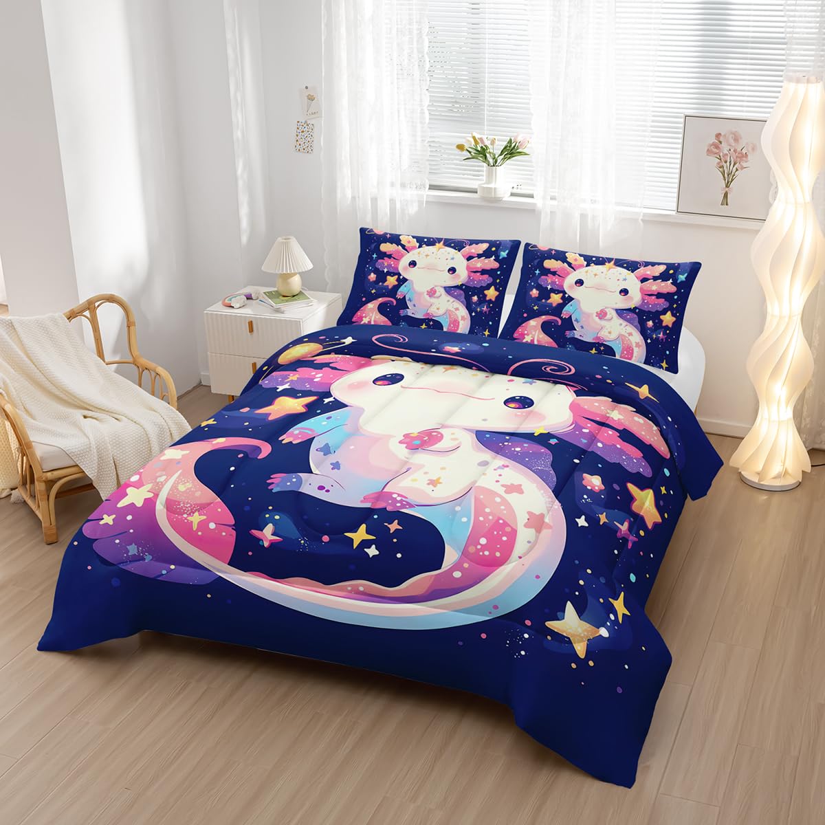 Nttopship Cartoon Axolotl Comforter Bedding Set with 2 Pillowcase Twin Size Pink Salamander Comforter Set for Kids Boys Girls Bedroom Decor
