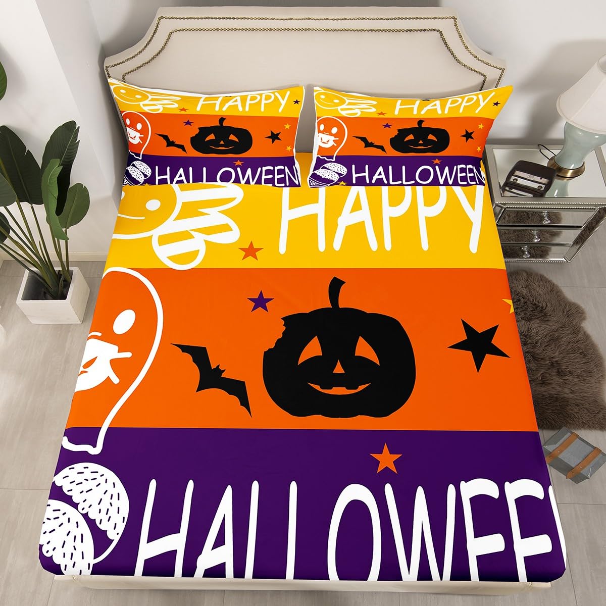 Feelyou Kids Happy Halloween Fitted Sheet Full Size, Pumpkin Bedding Set Horror Decor Bed Sheet Set Boys Girls Halloween Teens Bedroom Decor (2 Pillow Cases and a Fitted Sheet)