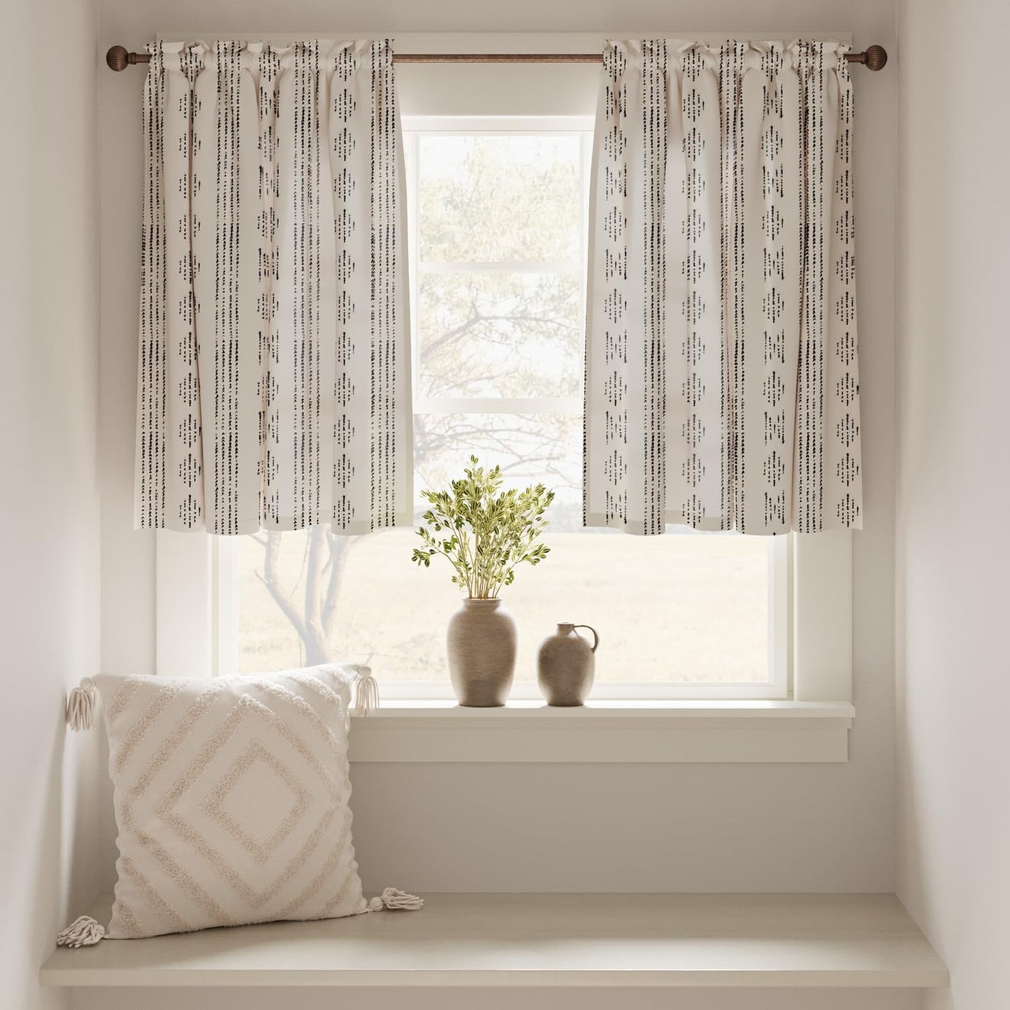 jinchan Boho Kitchen Curtains Linen Tier Curtains 36 Inches Bohemian Cafe Small Drapes Striped Mudcloth Farmhouse for Bathroom RV Camper Light Filtering Rod Pocket 2 Panels Black on Beige