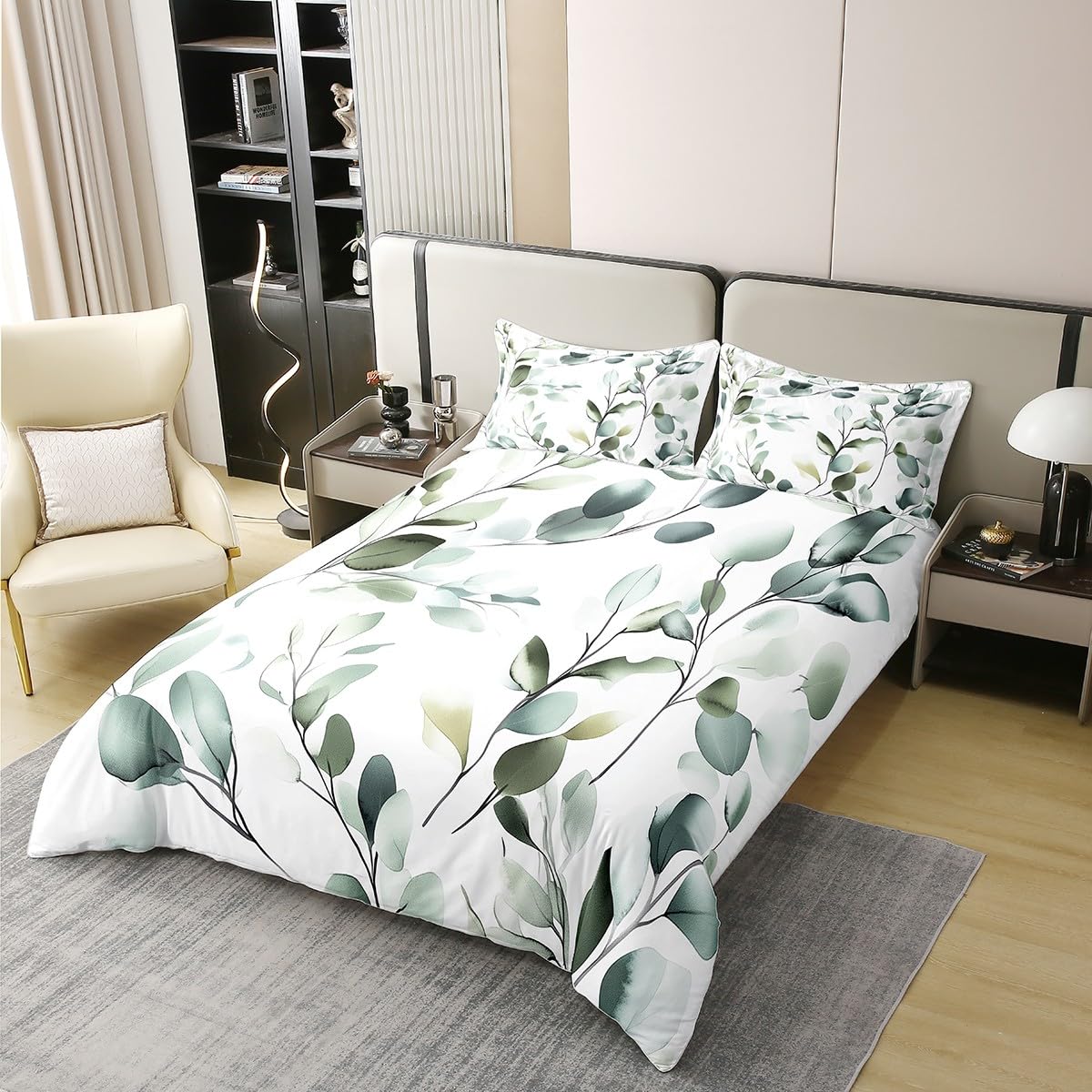 Erosebridal Sage Green Full 100% Cotton Duvet Cover, Spring Botanical Leaves Bedding Set for Kids Teens Adults Women Men, Watercolor Plants Comforter Cover, Mint Green Chic Artistic Bedclothes