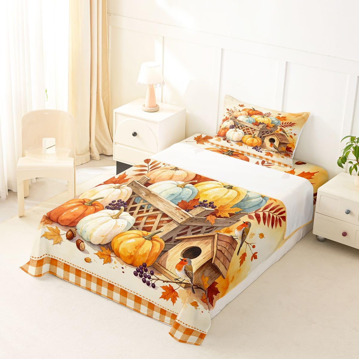 Erosebridal Harvest Pumpkin Bed Sheets Twin Size Orange Gingham Geometric Checkered Sheet Set Teens Adults Autumn Maple Leaf Bedding Set Happy Fall Thanksgiving Sheets