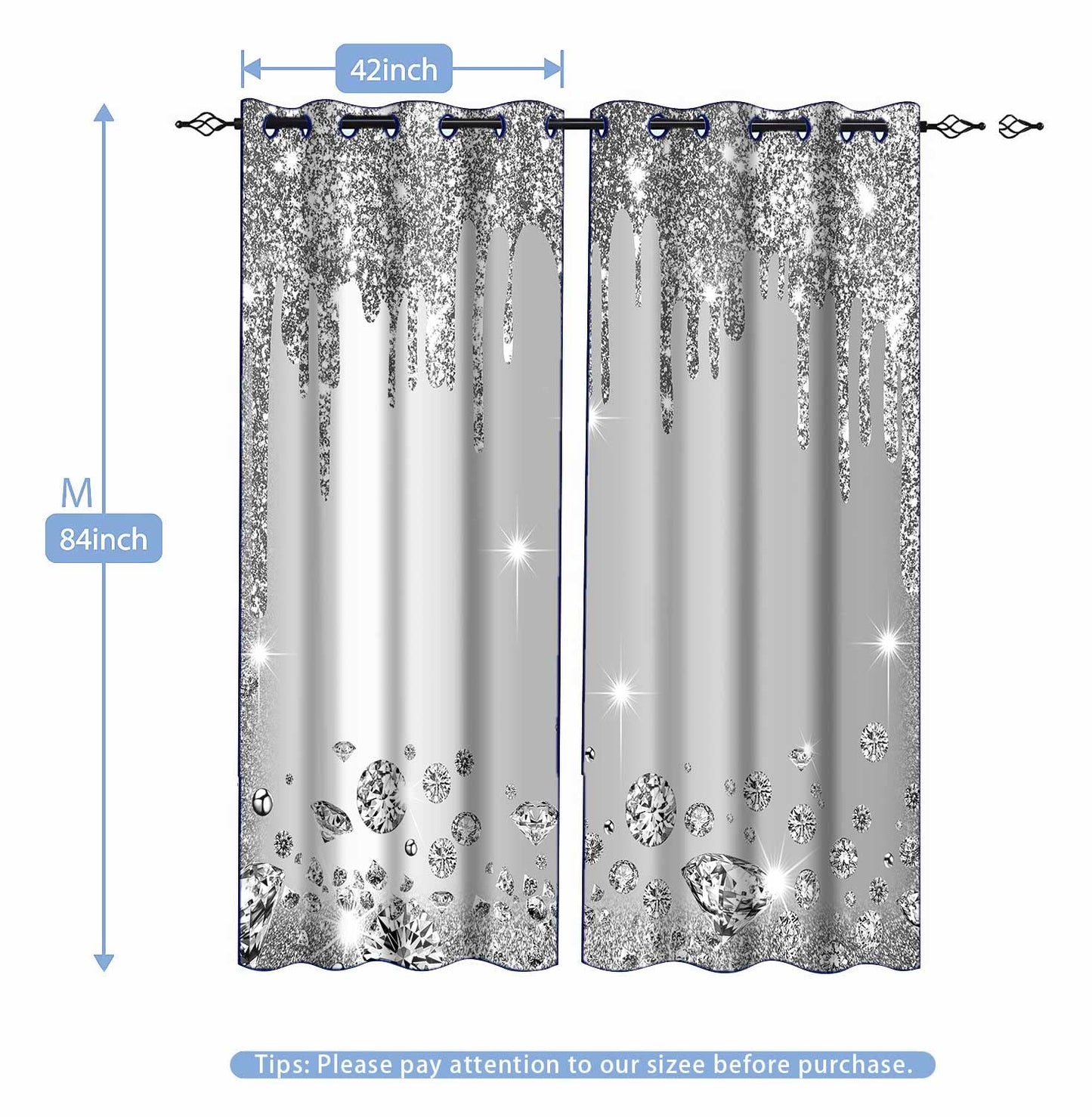 MIZSYE Sparkling Diamond Curtains Silver Shiny Drips Wall Decoration Inspiration Aart Blackout Curtains for Bedrooms Living Rooms Girls Bedroom 2 Panels 42x84inch CLZYMS52