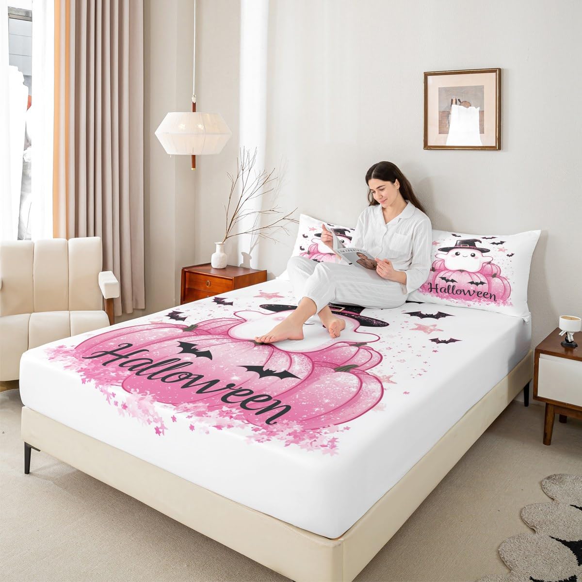 Feelyou Kids Halloween Bedding Set Full Size, Cute Ghost Bed Sheet Set Boys Girls Pink Pumpkin Fitted Sheet Black Bat Teens Bedroom Decor Bed Set 3Pcs (No Flat Sheet)