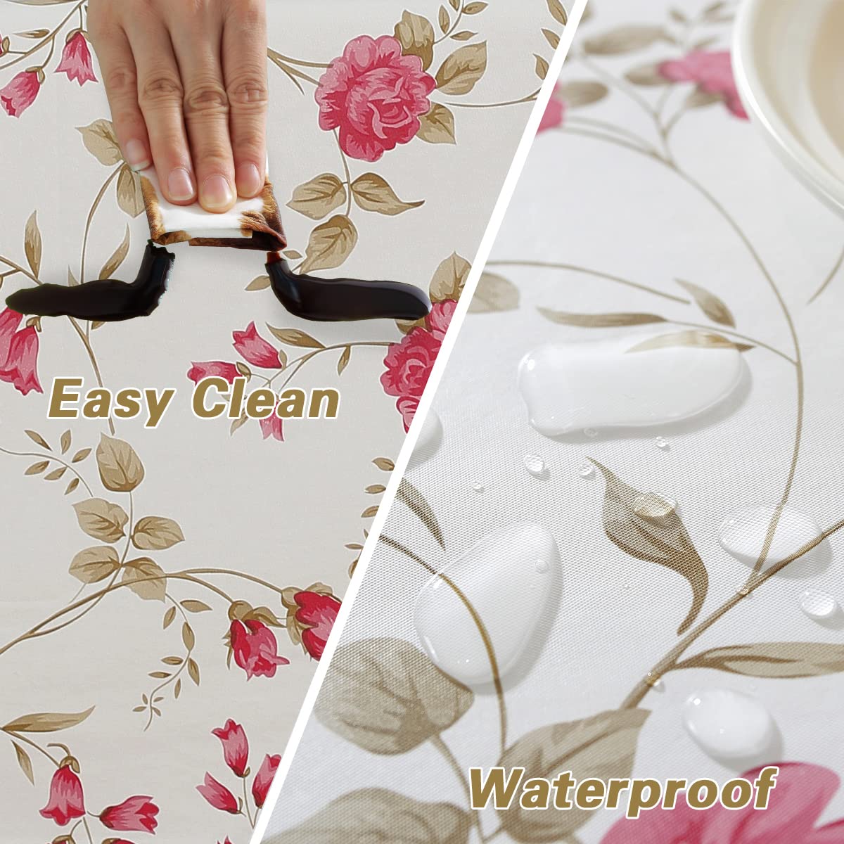 SASTYBALE Spring Summer Vinyl Tablecloth with Flannel Backing Rectangle 60 x 84 Inch, Waterproof & Wipe Clean Thick Plastic Table Cloth, Floral Table Cover for Dining, Party, Picnic, Outdoor, Rose