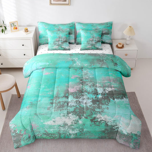 Erosebridal Watercolor Mint Green and Grey Comforter Set 7 Pcs,Modern Abstract Art Bedding Set,Tie Dye Bed in A Bag for Kids Boys Girls,Contemporary Artwork Fitted Sheet (Mint Green Grey,King Size)