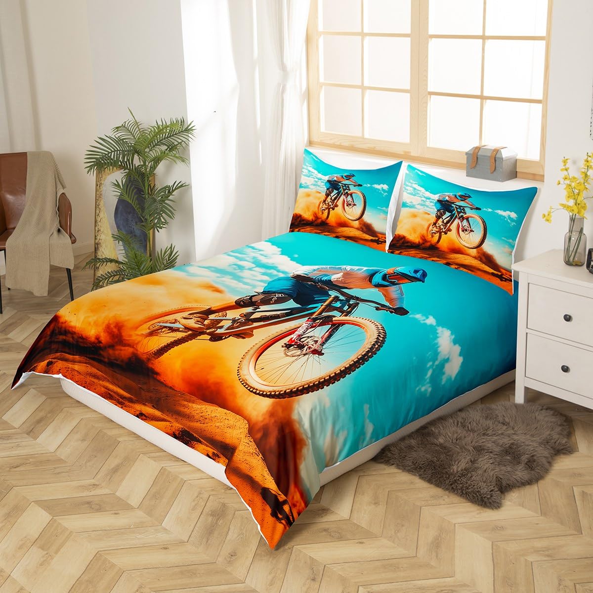 Feelyou Boys Bicycle Rider Bedding Set for Kids Son Men Mountain Bike Pattern Comforter Cover Extreme Sport Theme Duvet Cover Room Decor Cool Style Bedspread Cover Queen Size Bedding Collection 3Pcs