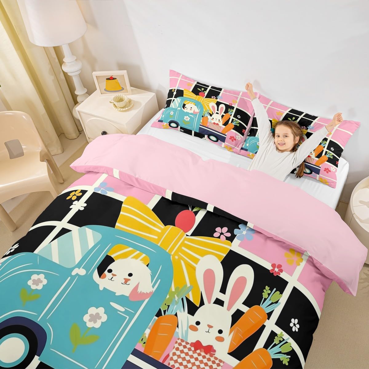 Erosebridal Happy Easter Themed Duvet Cover Cartoon Rabbit Bedding Set,Rainbow Easter Eggs Comforter Cover Easter Decor Queen,Greetings and Presents for Easter Day Kawaii Room Decor