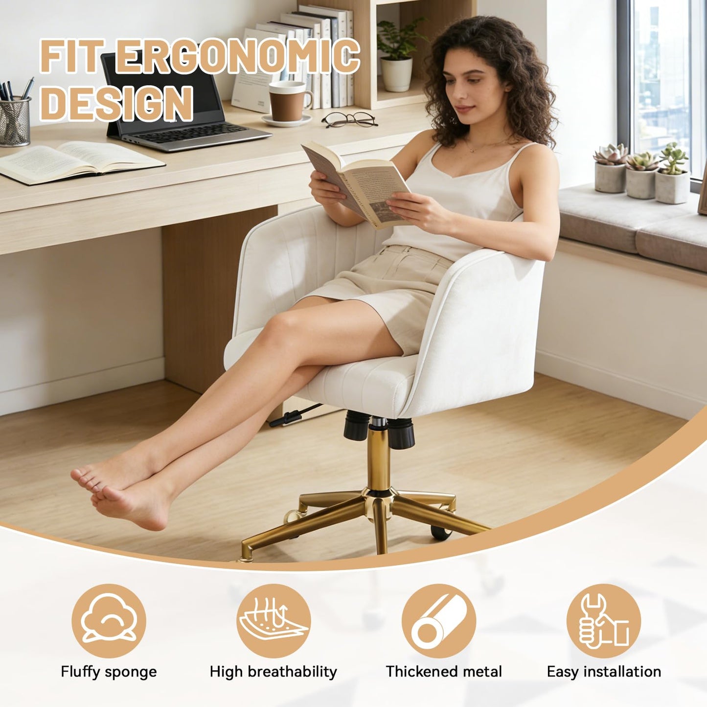 FENFSHE Home Office Desk Chair, Vanity Chair with Back 360 Swivel Armchair and Gold Base, Velvet Criss Cross Chair with Wheels for Vanity Home Office, Living Room, Bedroom and Study (Beige)