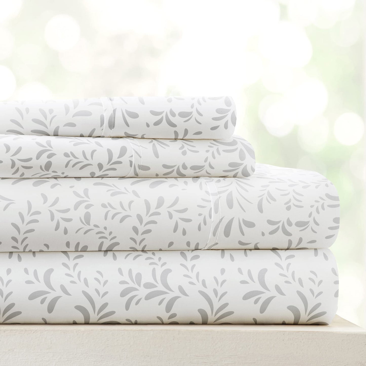 Linen Market Double-Brushed Patterned Microfiber Full Sheet Set 4 Piece – Oeko-TEX Certified Ultra Soft & Wrinkle-Free - 16" Deep Pocket Sheets - Easy Care Full Size - Burst of Vines Light Gray