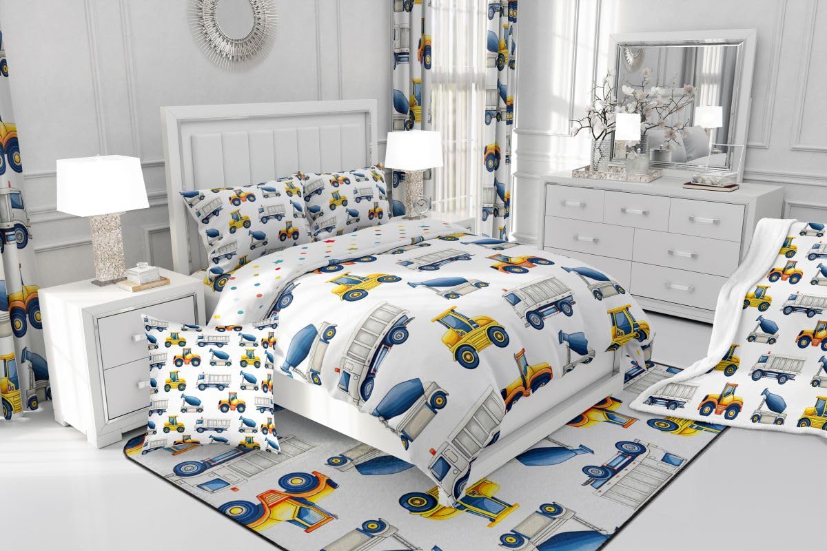 jejeloiu Excavator Comforter Set Twin Size 7 Pieces Construction Vehicles Bedding Set Equipment Trucks Bed in a Bag with Comforter, Sheets, Pillowcases, Cushion Covers Bedroom Decor