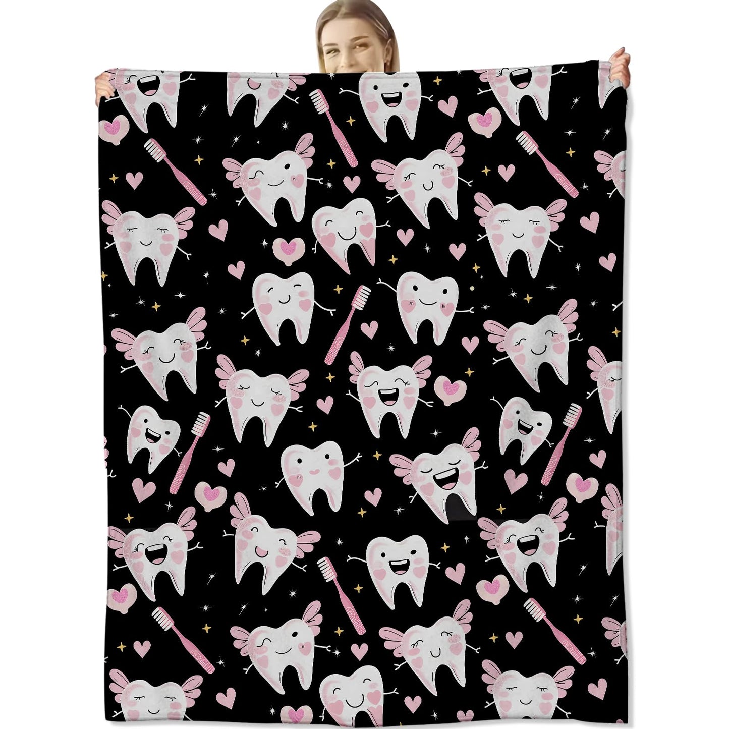 cromcu Cute Tooth Fairy Throw Blanket Warm Lightweight, Pink Dental Heart Flannel Blankets Gifts for Girls Women Dental Lovers, Home Decor Throws for Couch Sofa Camping Office Travel, Black 60"X50"