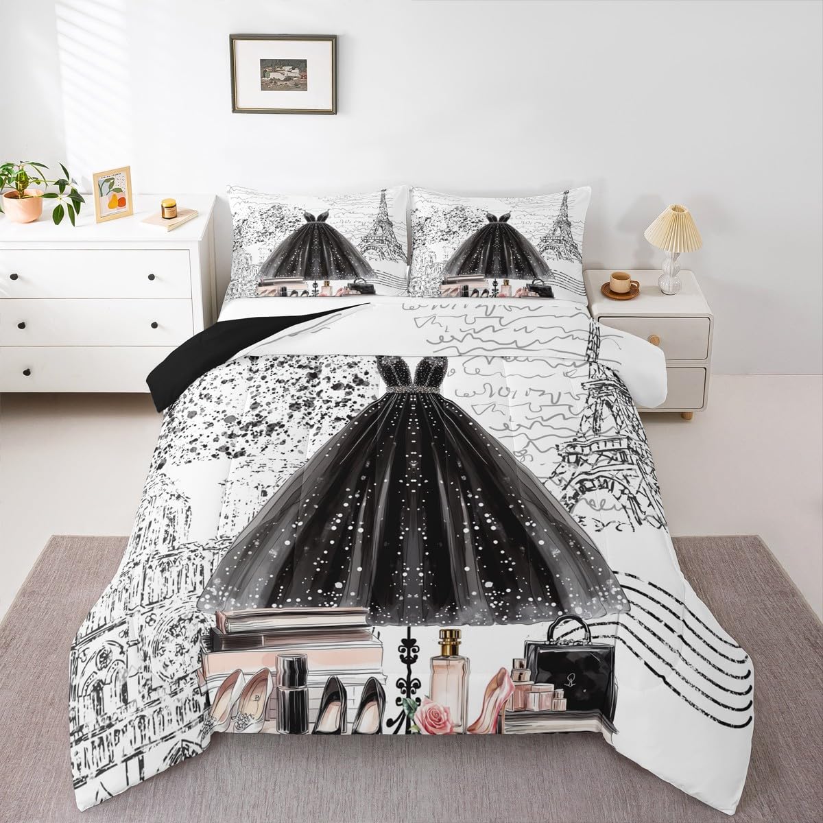 Erosebridal Fashion Girly Dress Comforter King Size Black White Eiffel Tower Paris Bed Sets Perfume Modern Girls Women Bedding Set Romantic High Heels Makeup Duvet Insert,Luxury Soft