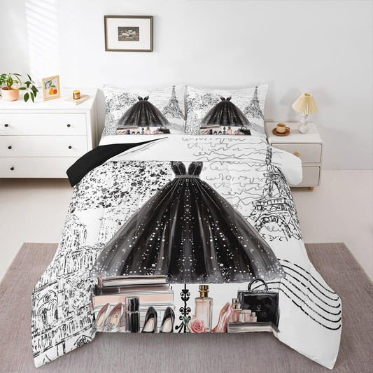 Erosebridal Fashion Girly Dress Comforter King Size Black White Eiffel Tower Paris Bed Sets Perfume Modern Girls Women Bedding Set Romantic High Heels Makeup Duvet Insert,Luxury Soft