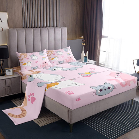 Erosebridal Kawaii King Size Sheets Cute Kids Girls Bed Set - Colorful Cat Print Fitted Sheet Set, Deep Pocket, Soft, Breathable Flat Sheet, 4 Pcs