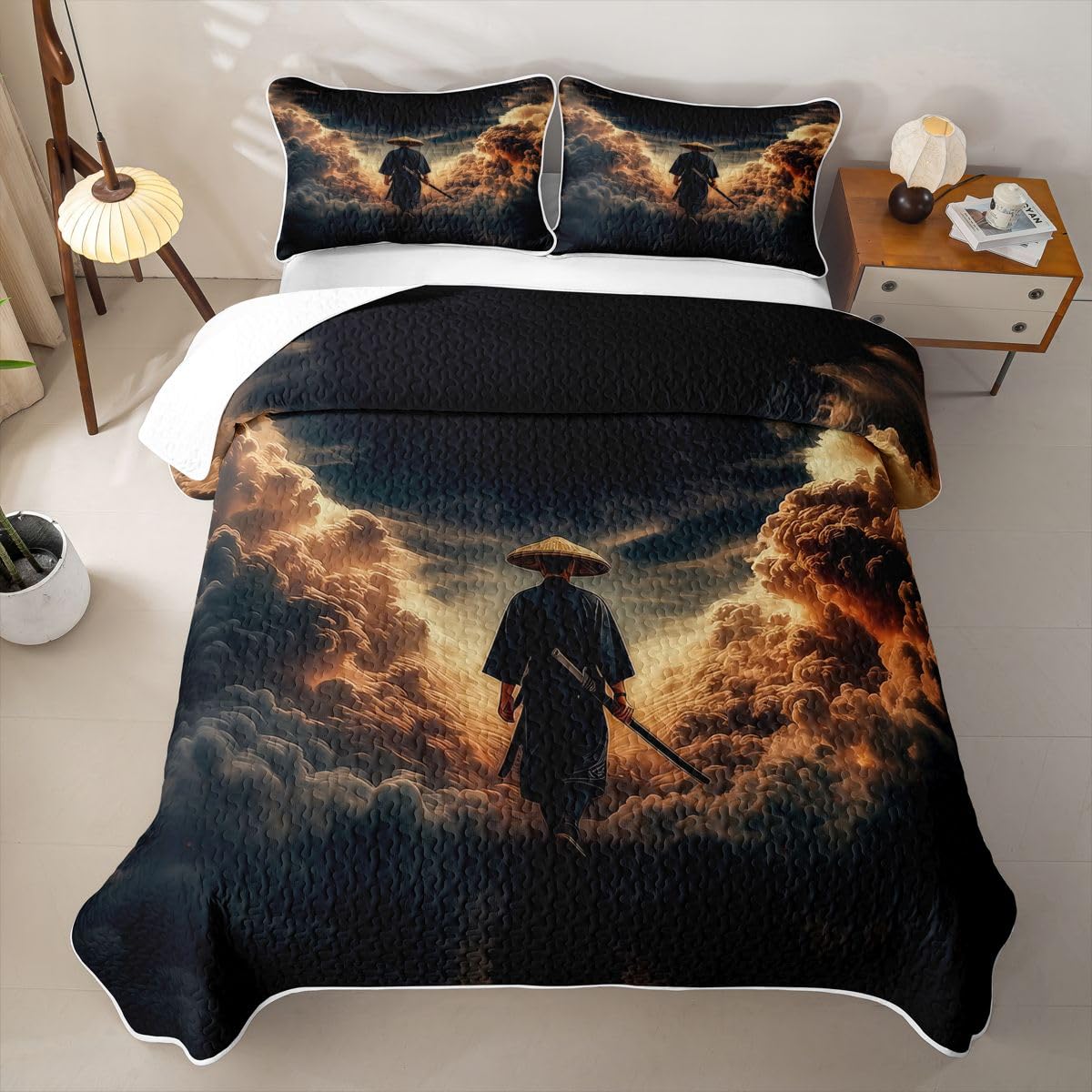 Erosebridal Japanese Bushido Quilts Twin Size - Samurai Bedspread Coverlet Set, Vintage Japanese Style Quilt Coverlets 2Pcs (Only 1 Pillowcase)