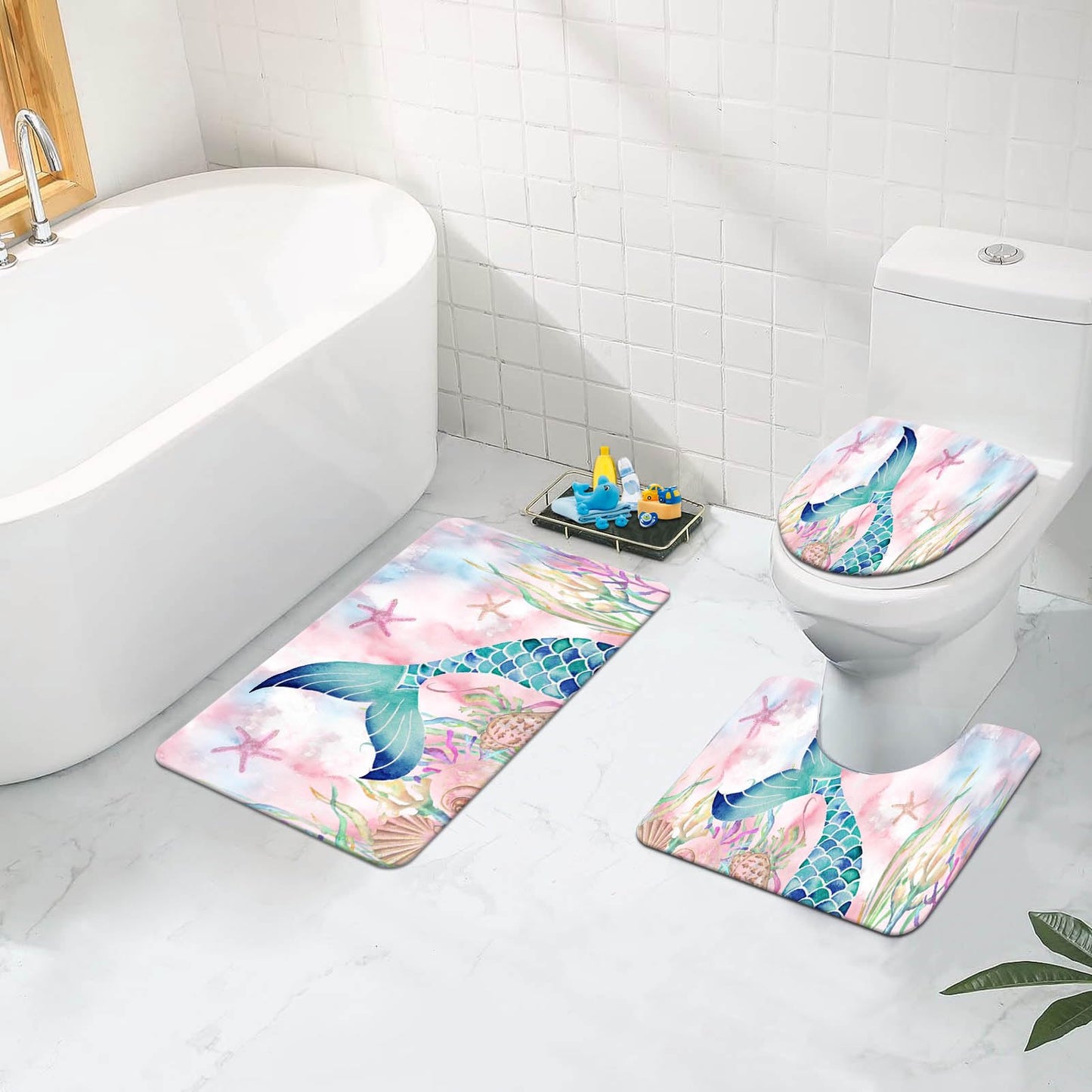 KINUUIS 4 Pcs Mermaid Bathroom Set Pink Shower Curtain Sets with Non-Slip Rugs Toilet Lid Cover and Bath Mat Set, Kids Girl Bathroom Decor with 12 Hooks
