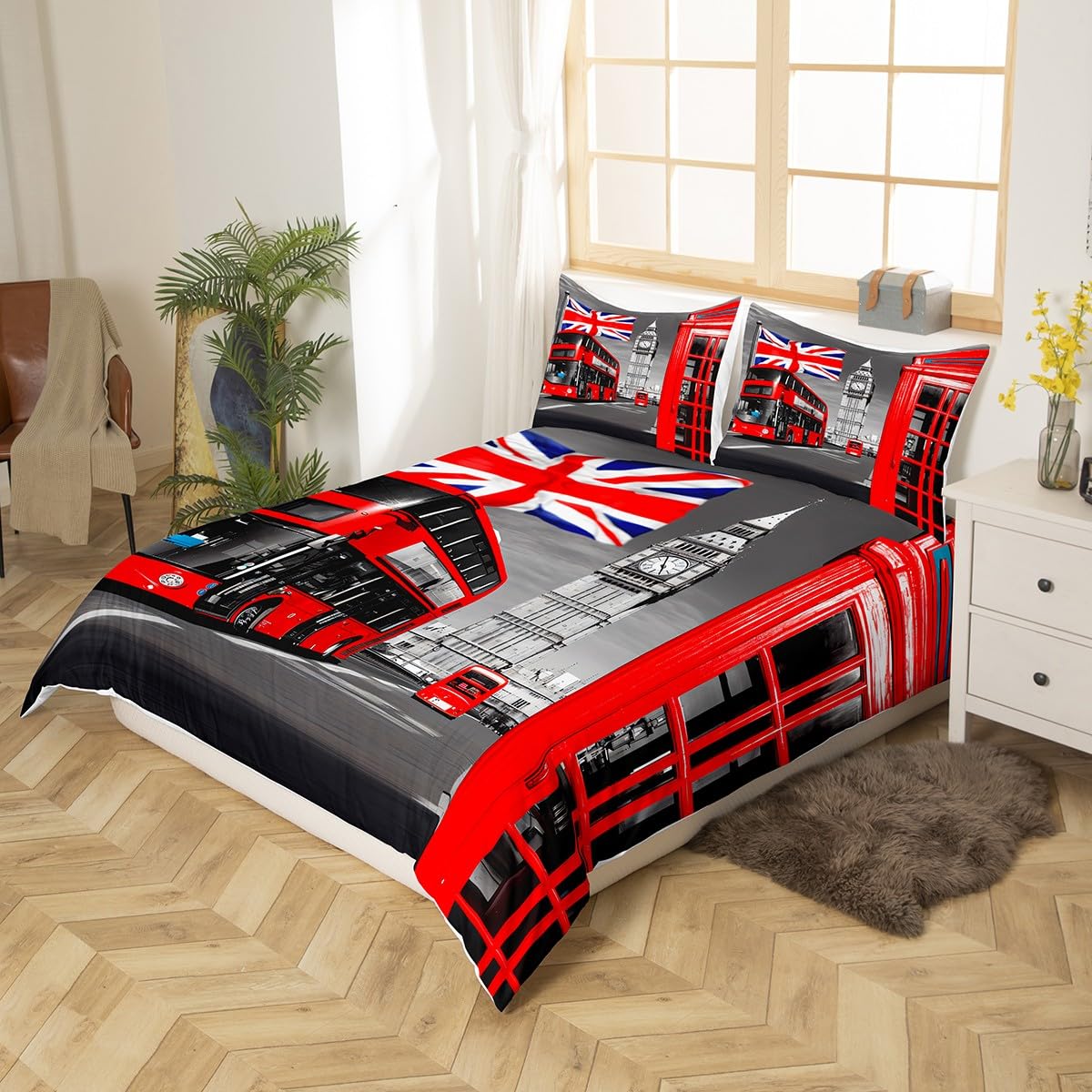 Feelyou London Bedding Set Red Phone Booth Printed Duvet Cover for Kids Adults Romantic Britain Cityscape Comforter Cover Luxury Soft Bedspread Cover Bedroom Collection 3Pcs Queen Size