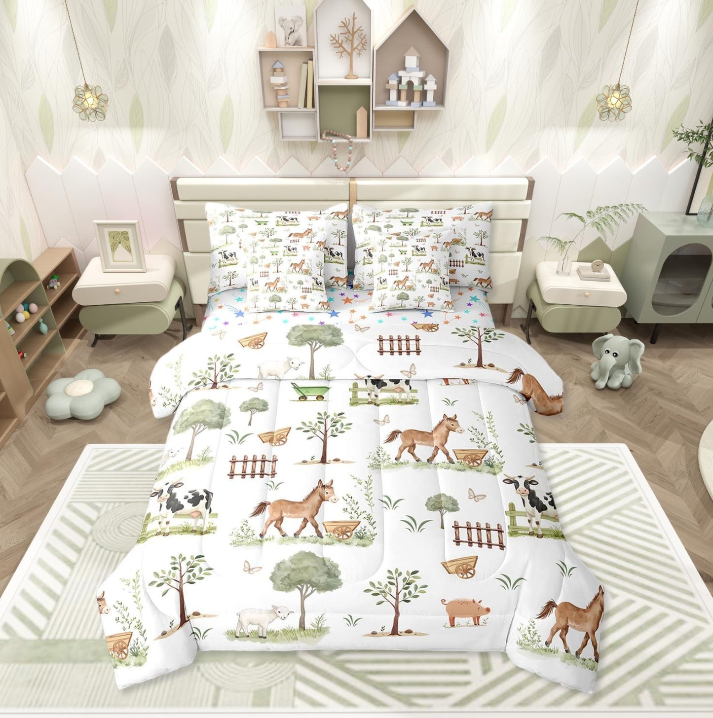 Erosebridal 7 Pcs Cute Farm Animals Kids Comforter Set Cartoon Horse Sheep Cow Pig Twin Bedding Set for Child Rustic Farmhouse Cabin Comforter Woodland Animal Trees Top Sheet for Boys Girls Bedroom