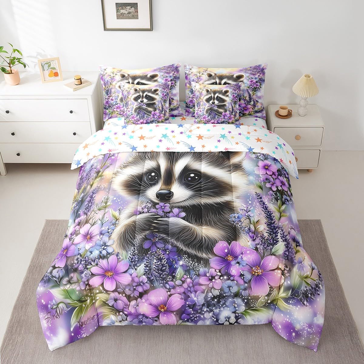 Feelyou Kids Raccoon Comforter Set with Sheets Queen Size, Cute Animal 7 Pieces Bedding Set Boys Girls Wild Animal Bed in A Bag Floral Flower Teens Bed Set Bedroom Decor 7Pcs