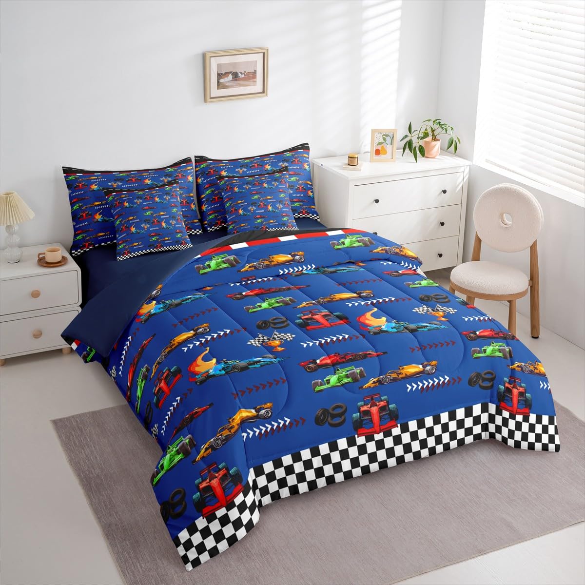 jejeloiu Blue Race Car Twin Comforter Set with Sheets for Kids Boys Girls Speed Sports Car 7 Pieces Bedding Set Extreme Sports Bed in a Bag Room Decor Soft Lightweight Microfiber