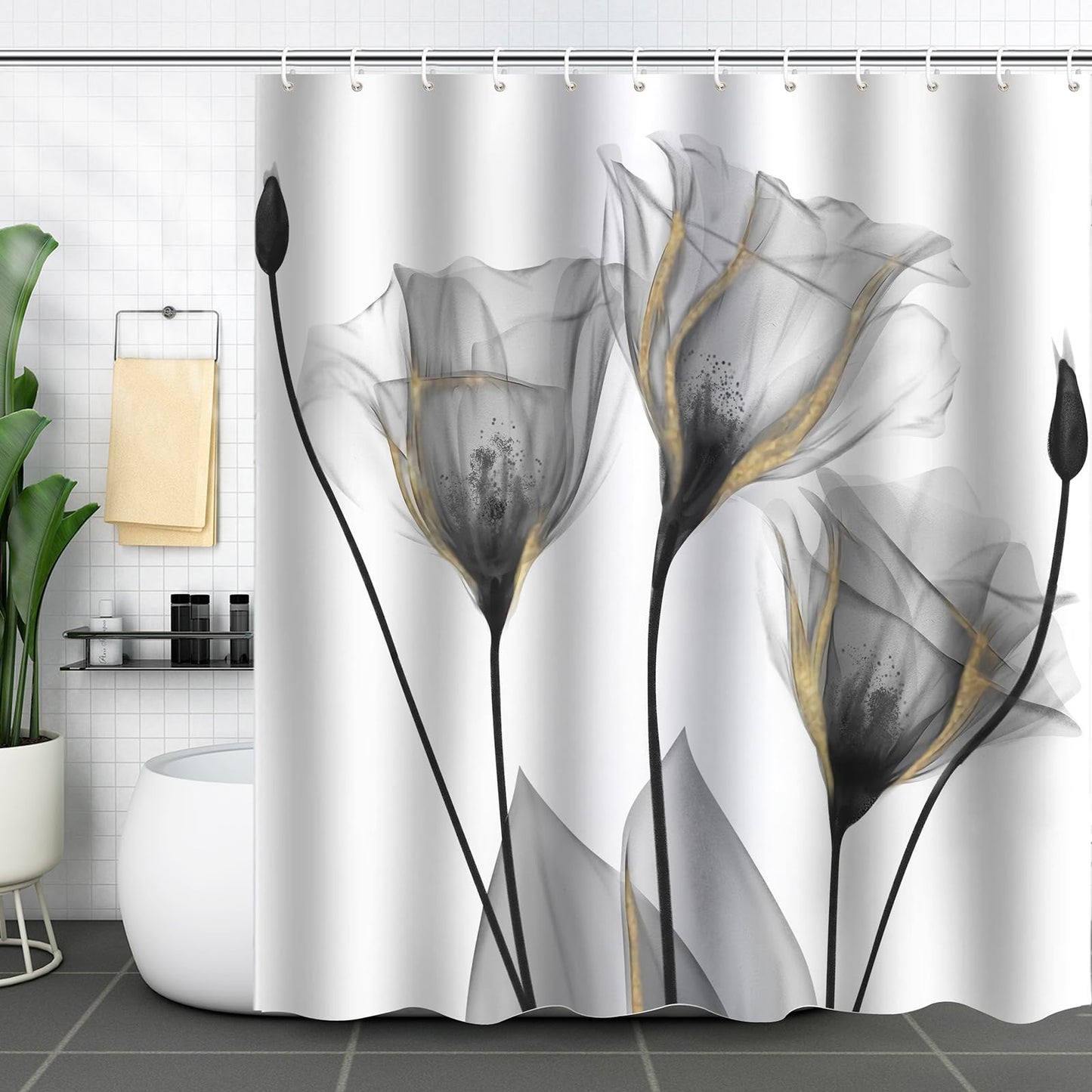 ZCHOMI Grey Floral Shower Curtain Watercolor Tulip Flower Shower Curtains for Bathroom Waterproof Polyester Fabric Bathroom Curtain 72 x 72 Inch with 12 Plastic Hooks