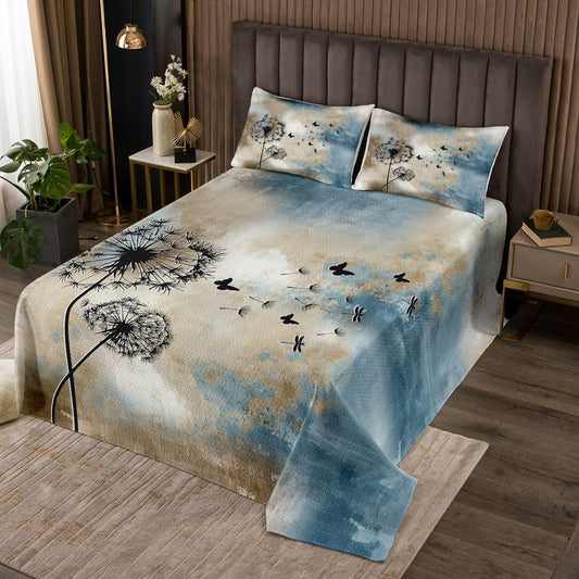 Castle Fairy Geometric Abstract Bedspread Queen Size Vintage Brown Navy Blue Grey Bedding Set 3pcs Dandelion Butterfly Comforter Set Teens Men Adult Room Decor Graffiti Art Quilt Set,2 Pillowcases