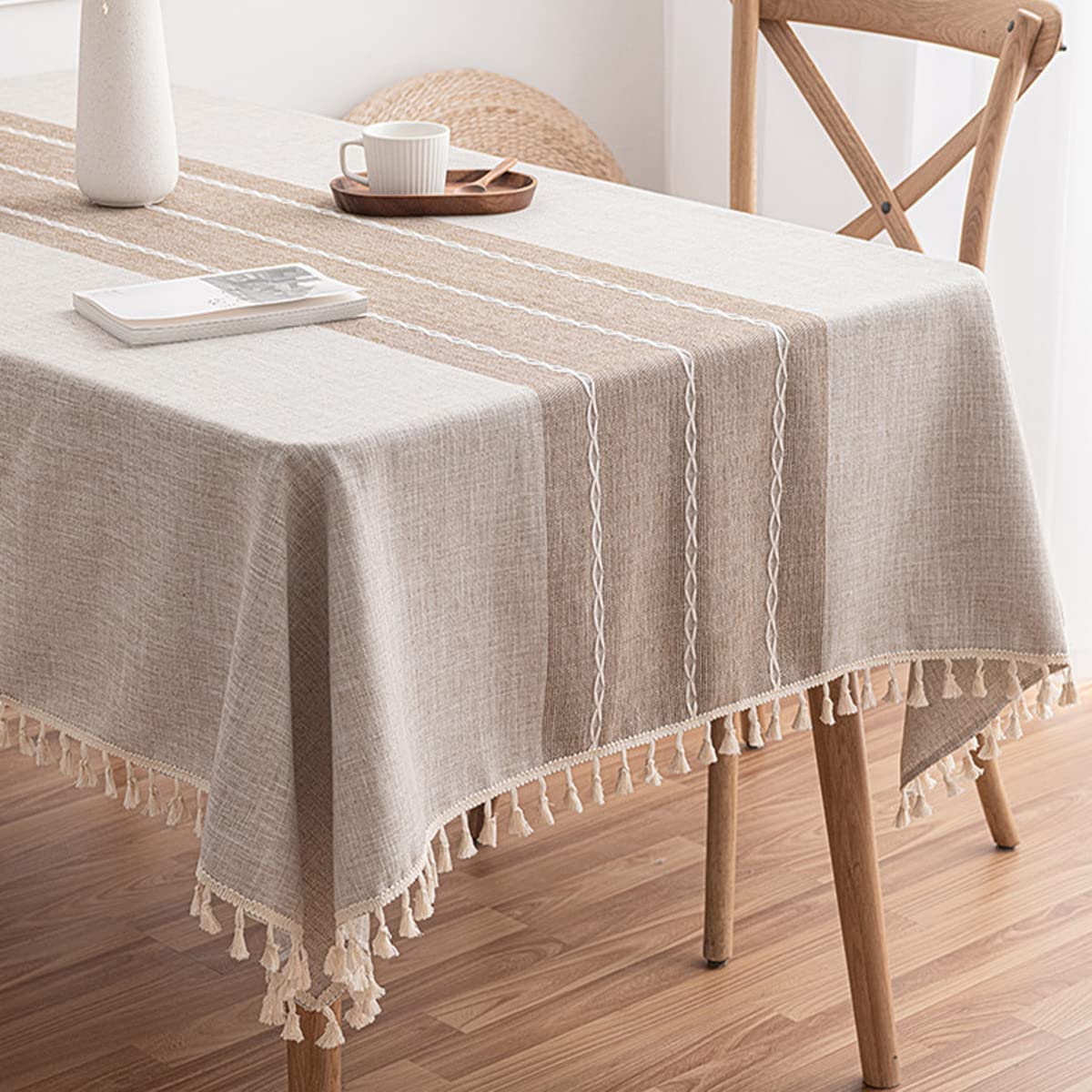 Linen Rectangle Table Cloth Waterproof Cotton Fabric Farmhouse Burlap Rustic Boho Coffee Tasseled Oblong Tablecloth for Party, Camping, Picnic, Kitchen and Dining Room Table Decor,55" x 86", 6-8 Seats