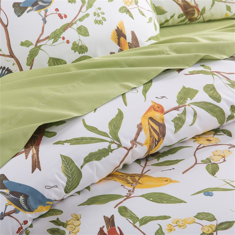 Brandream Duvet Cover Set King Size Pastoral Style 3 Piece Branches Birds Floral Print Classy Luxurious Farmhouse Bedding, Green