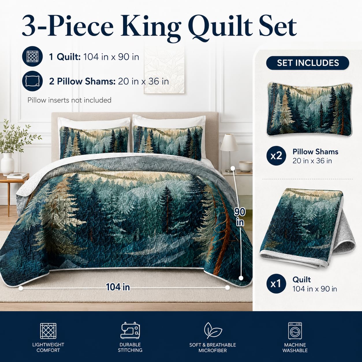 AILONEN King Bedspread Coverlet,Mountain Forest Pine Tree Textured Landscape Blue Green Bedding Quilt,2 Pillowcases,Lightweight Microfiber