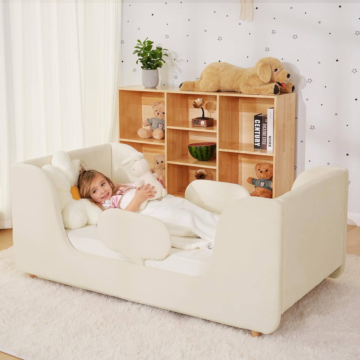Meulbaty Toddler Bed, Toddler Floor Bed Frame with Wood Slats, Small Beds with Removable Safety Guardrails, Standard Crib Size Kids Bed for Girl and Boy, White