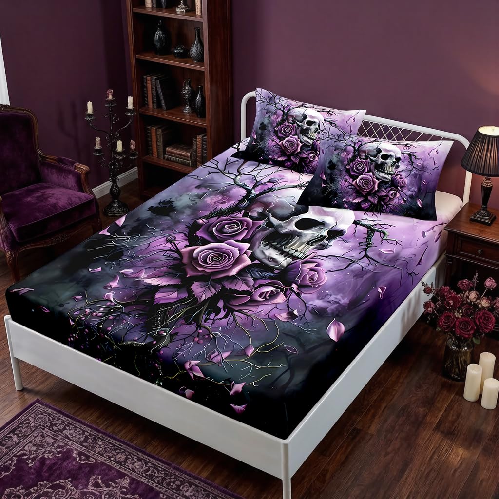 HOSIMA Death Skull Fitted Sheet Full,Skull Surrounded by Flowers Print Gothic Bedding Set,Branch Pattern Horror Themed Halloween Bedding for Boys Girls Room Decor,1 Fitted Sheet+2 Pillowcases.
