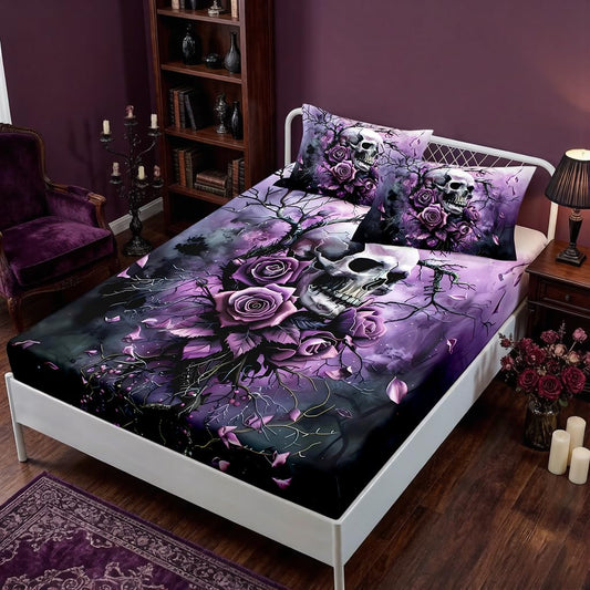 HOSIMA Death Skull Fitted Sheet Full,Skull Surrounded by Flowers Print Gothic Bedding Set,Branch Pattern Horror Themed Halloween Bedding for Boys Girls Room Decor,1 Fitted Sheet+2 Pillowcases.