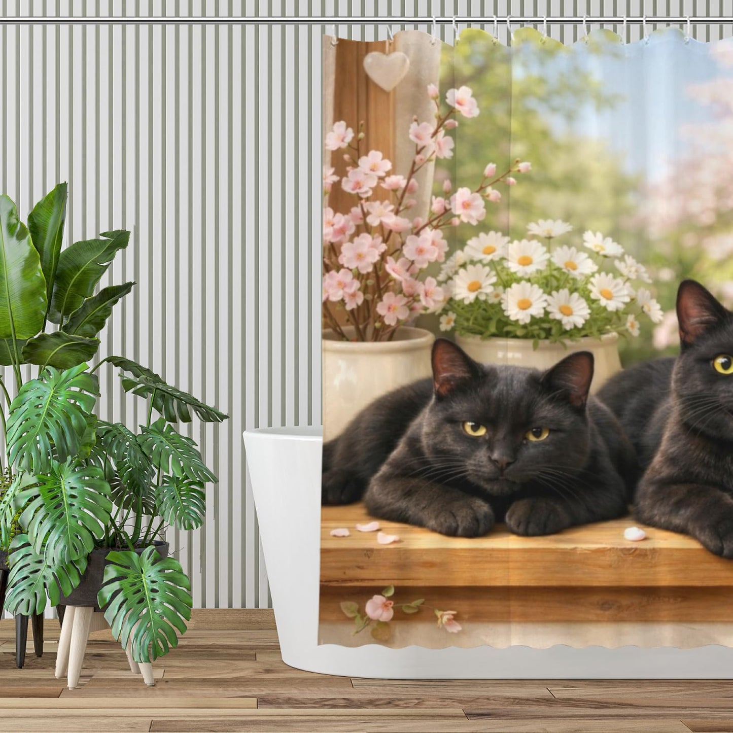 REZHOCH Fun Black Cat Shower Curtain 72x72Inch Cute Animals Home Bathroom Decor,Spring Summer Floral Window Scene Rustic Farmhouse Plants Soft Pastel Nature Waterproof Bath Set