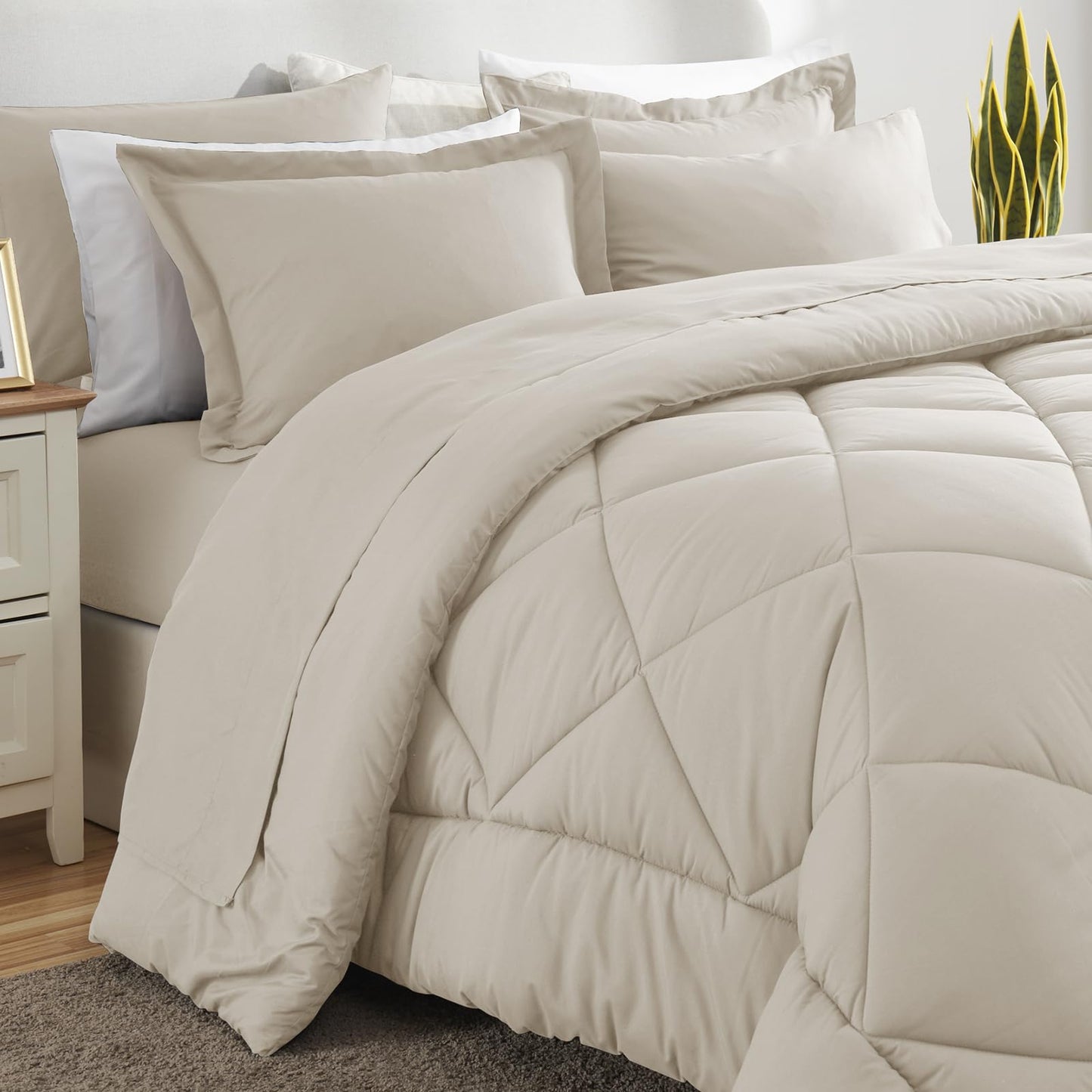 CozyLux Queen Comforter Set Beige - Bed in a Bag Queen Size 7 Pieces, Luxury Soft Bed Set for All Seasons, Bedding Set with Down Alternative Comforter, Sheets, Pillowcases & Shams