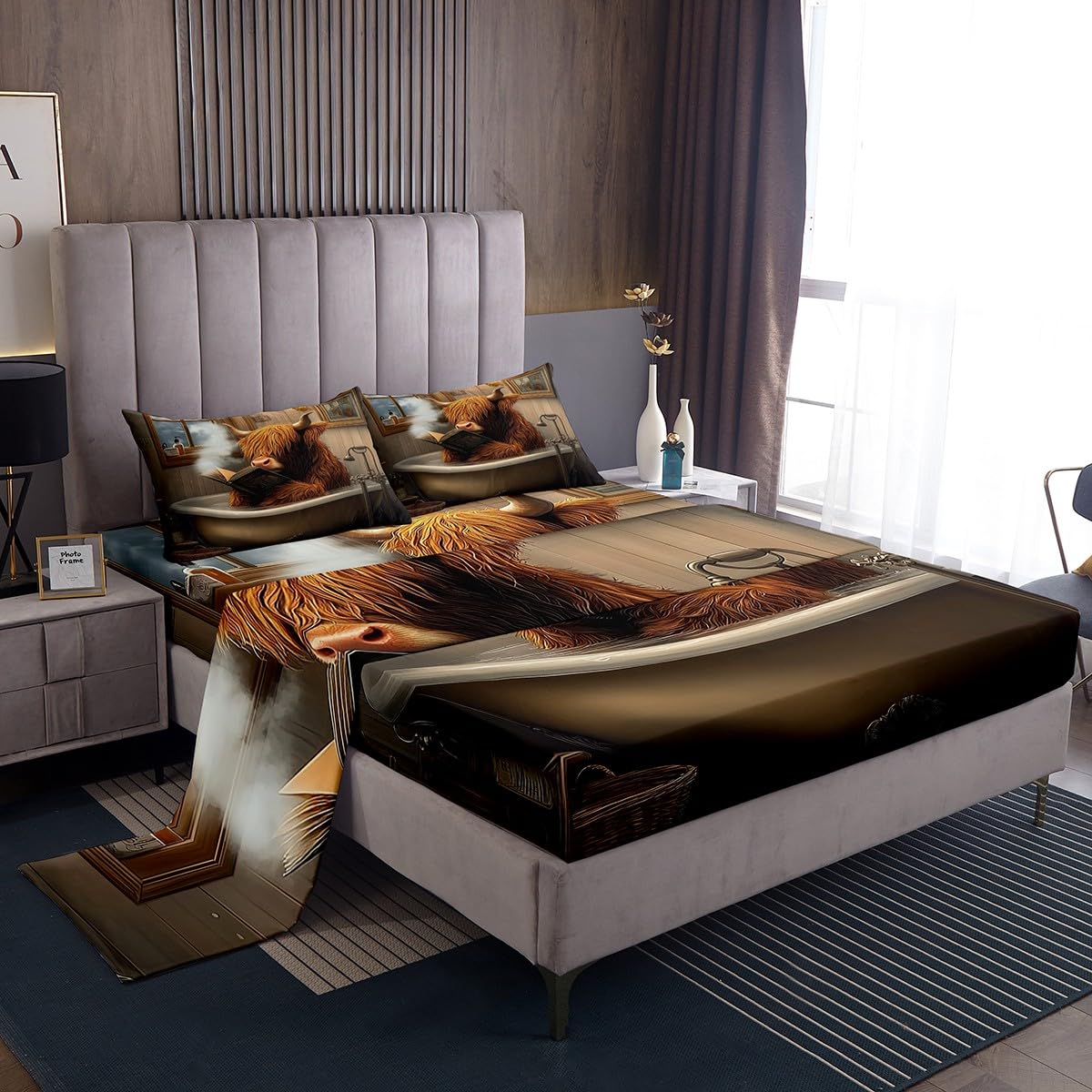 Highland Cow Bedding Sets Full Size,Western Animal Bed Sheets 4Pcs for Kids Girls Boys Adult Bedroom Decor,Funny Bath Theme Fitted Sheet Brown Rustic Cow Pattern Top Flat Sheet,2 Pillowcases