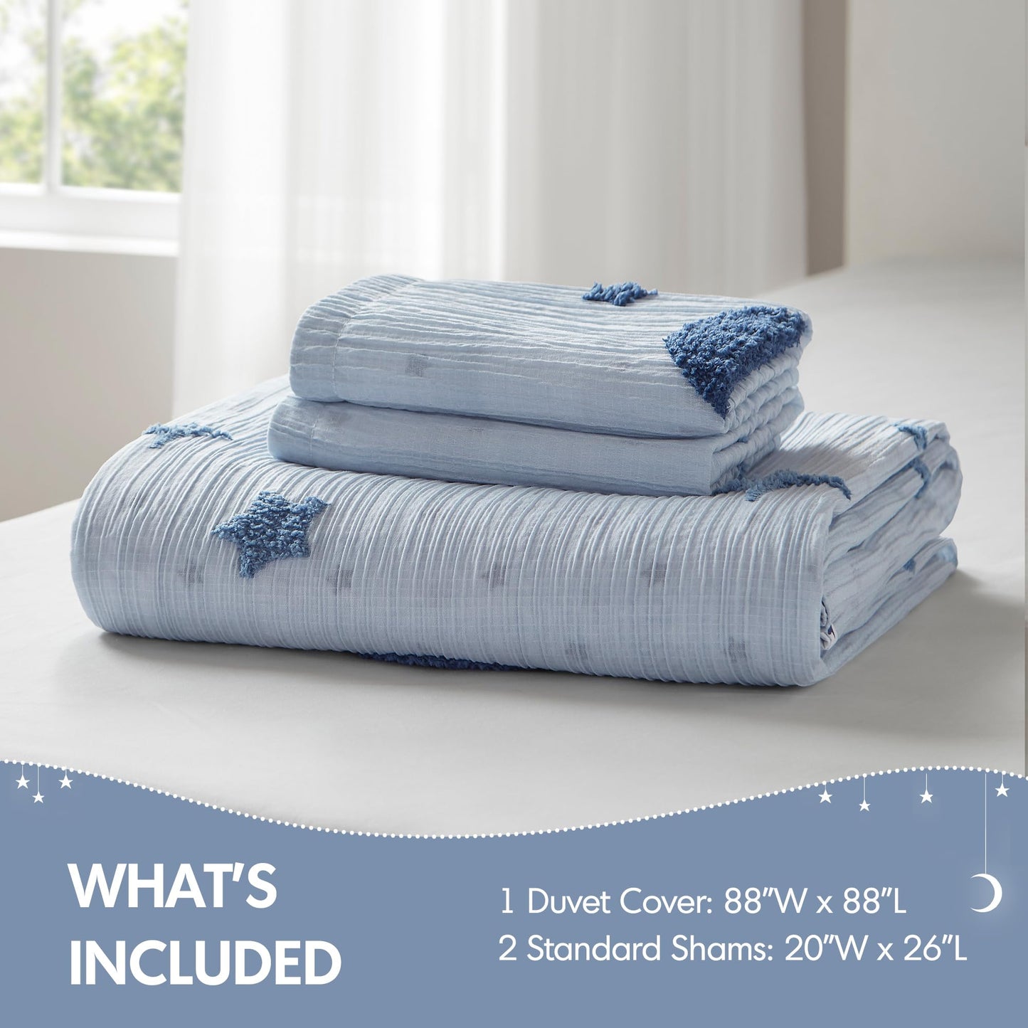 Intelligent Design Kids Cosmos Full Size Duvet Set – Blue Star and Moon Tufted Chenille, Reversible 3-Piece Bedding with Star Pillow, Full/Queen