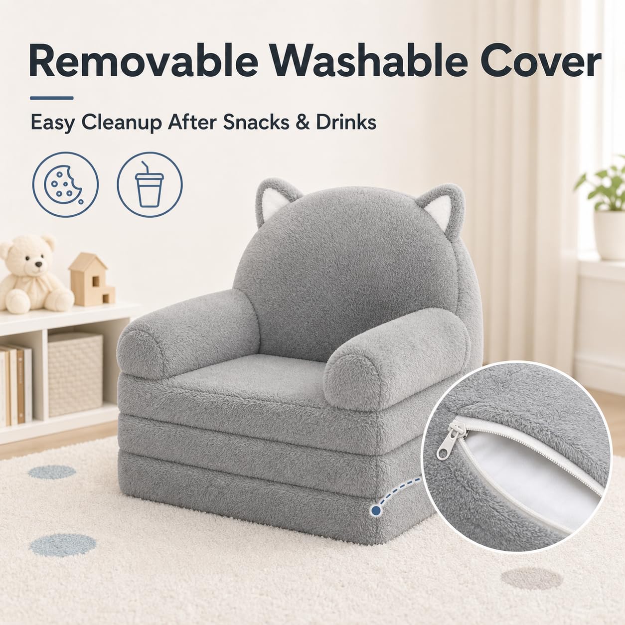 MONKISS Kids Couch, Comfy Toddler Chair, 2 in 1 Fold Out Kids Sofa, Baby Sitting Chair with Washable Cover, Toddler Furniture for Reading, TV and Playroom, Birthday Gifts, 1-4 Years Old, Grey Cat