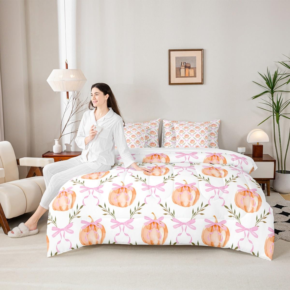 Castle Fairy 7 Pieces Fall Pumpkin Comforter Set Full Size,Pink Bow Grid Bedding Sets Kids Girls Boys Women Palm Leaves Nature Botanical Quilt + Fitted & Flat Sheets + 2 Cushion Cover + 2 Pillowcases