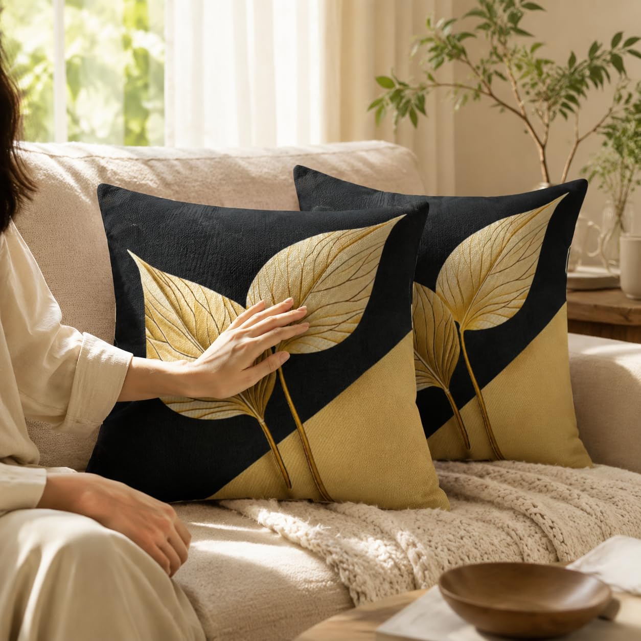 avpdupu Floral Pillow Covers 18x18 Inch Linen Set of 2 - Black and Gold Pattern Throw Pillow Covers for Sofa, Decorative Cushion Covers for Living Room and Outdoor Use