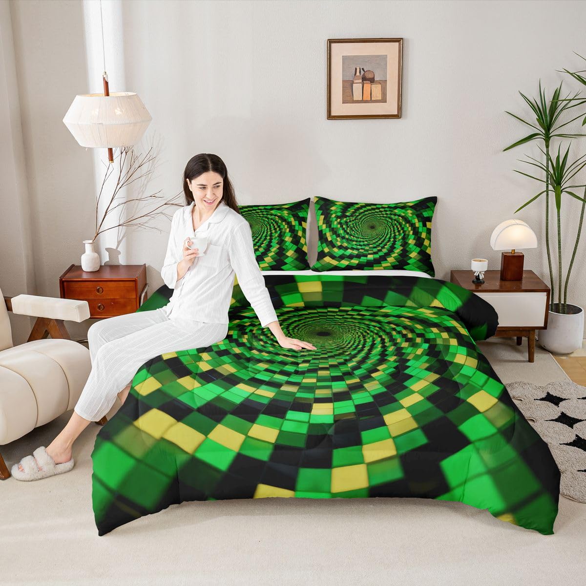Erosebridal Geometric Grid Patchwork Comforter Set King Abstract Green Plaid Bedding Set Square Print Comforter for Kids Boys Girls,Modern Art Quilt Duvet