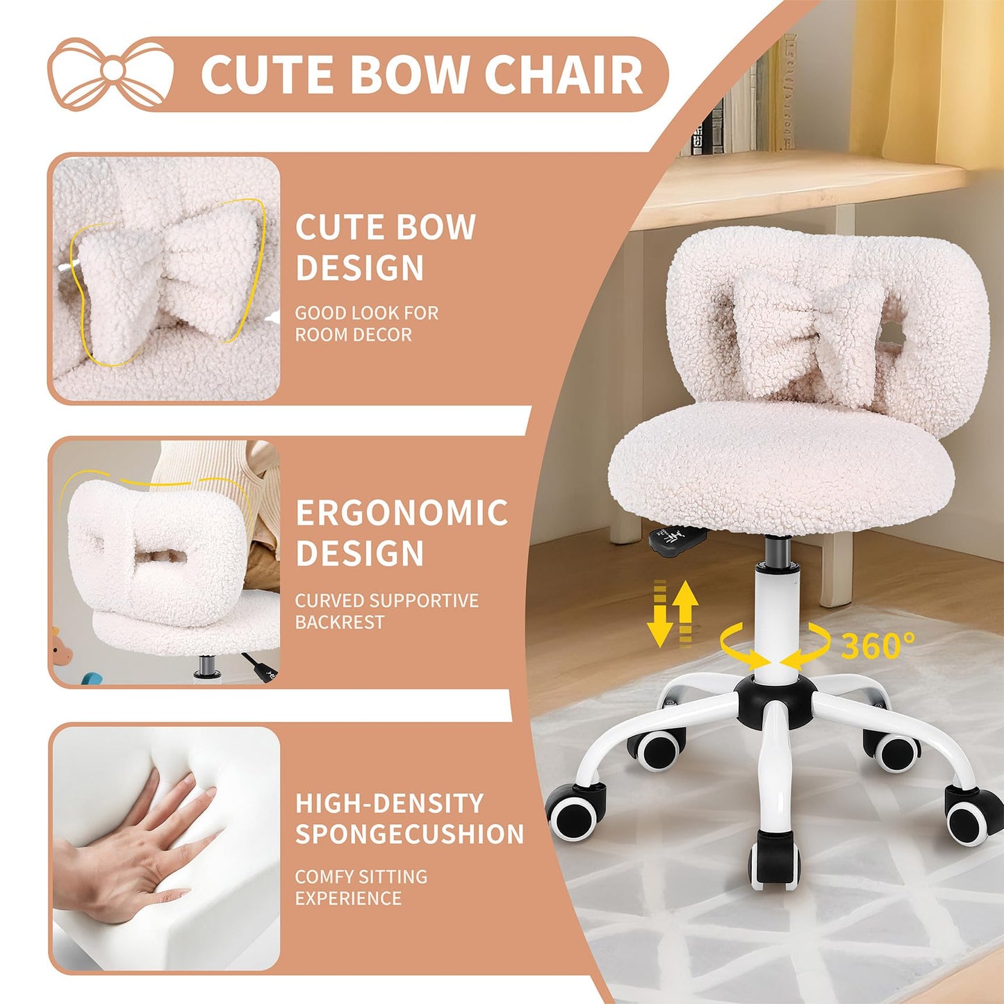 Ermnois Kids' Desk Chair with Bow Design, Cute Upholstered Swivel Chair with Wheels and Adjustable Height, Small Comfy Armless Chairs for Girls/Children (Cream)