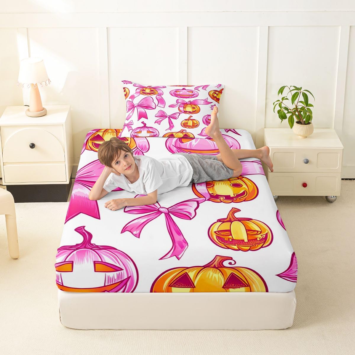 Feelyou Fitted Sheet with 1 Pillowcase Twin Size Halloween Themed Bed Sheets Set 16" Deep Pocket Boys Girls Bowknot Bedding Pink Orange Teens Bedroom Decor Breathable Soft Lightweight Microfiber