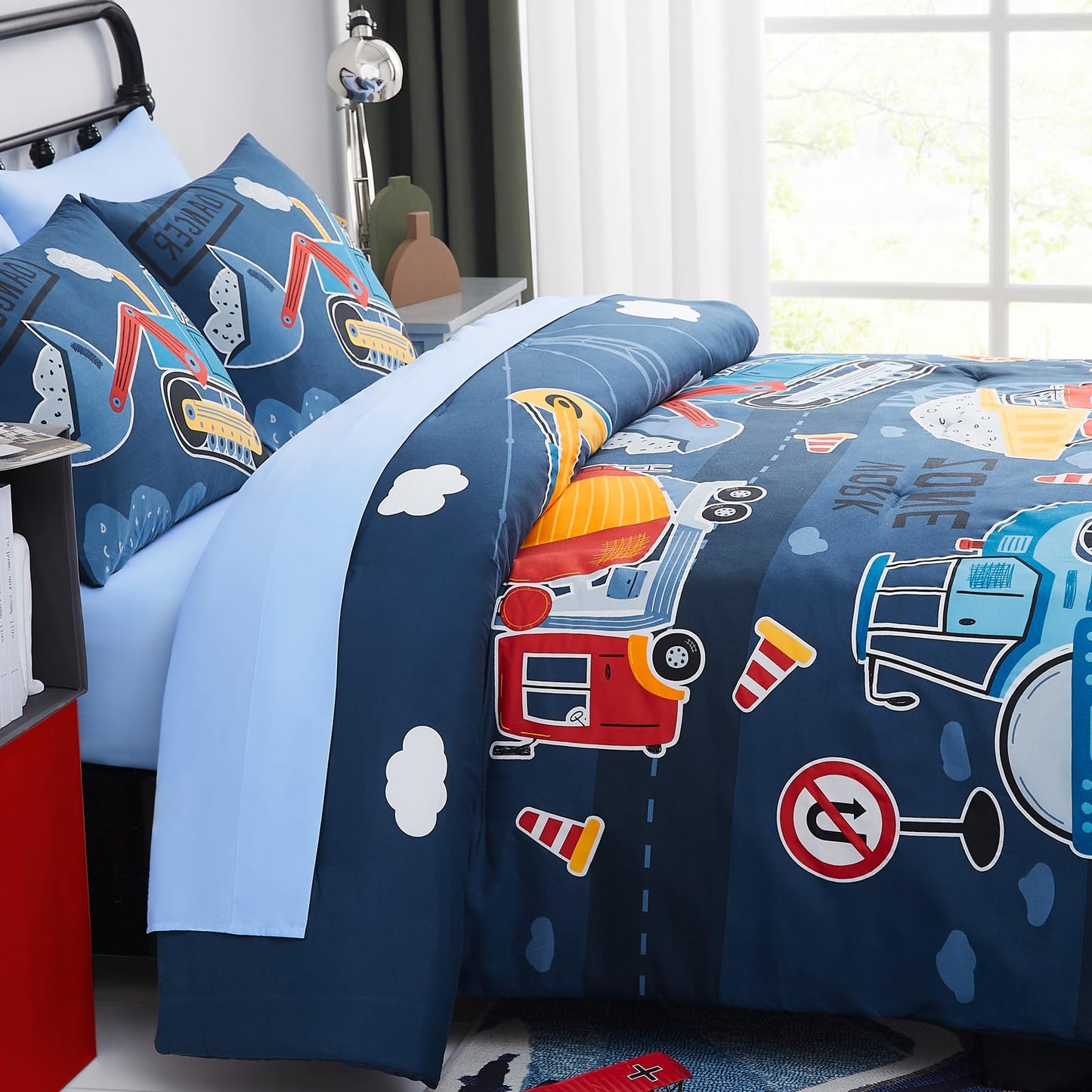 Wink Deer Full Size Comforter Set for Boys-7 Pieces Truck Tractor Excavator Glow in the Dark Full Bedding Sets for Kids, Ultra Soft Bed in A Bag with Sheets