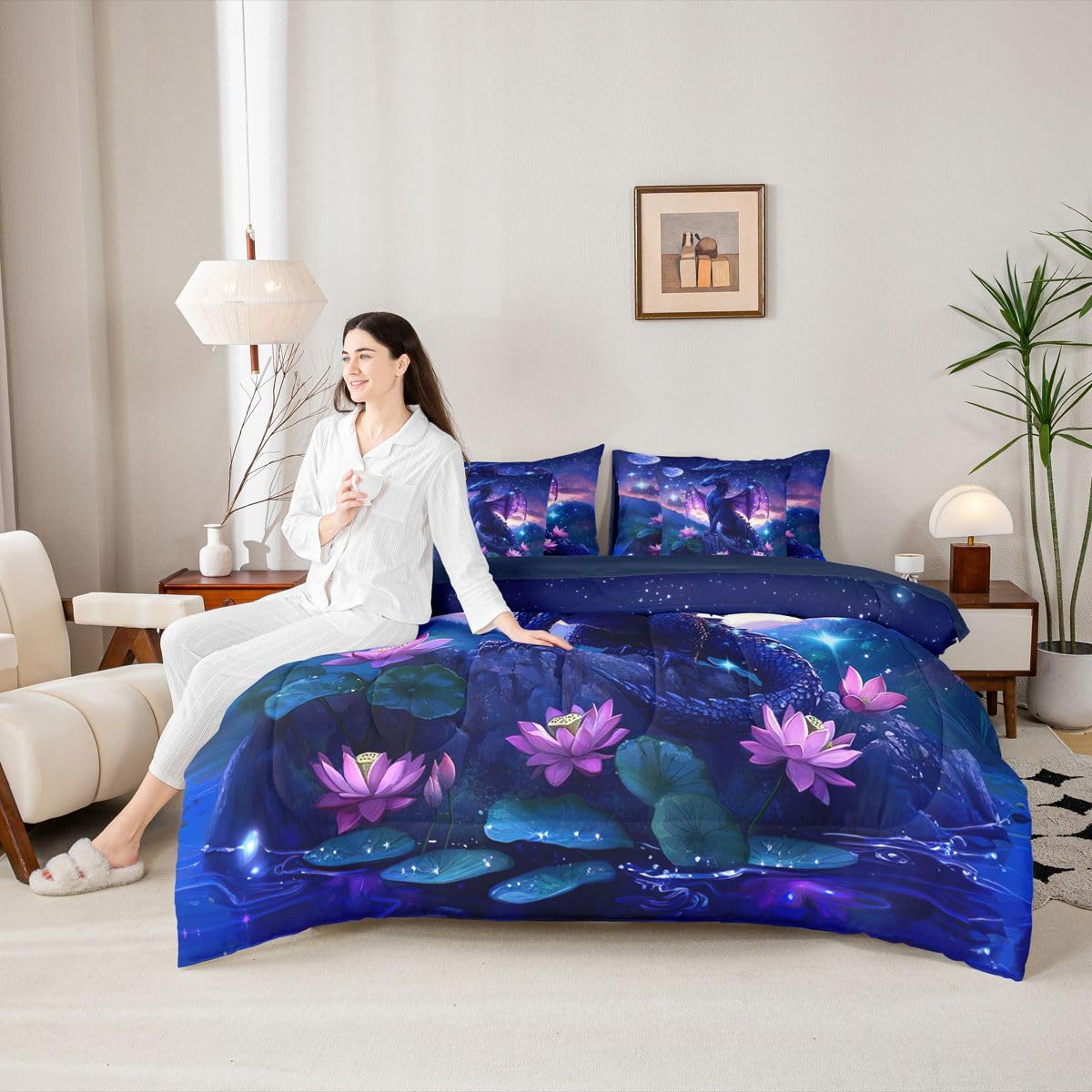 Feelyou Dragon Comforter Set with Sheets 7 Piece Twin Size Dragon Stuff Bed in a Bag Kids Boys Girls Wild Life Bedding Set Magic Wildlife Bedroom Decor Purplish Breathable Soft Lightweight Microfiber