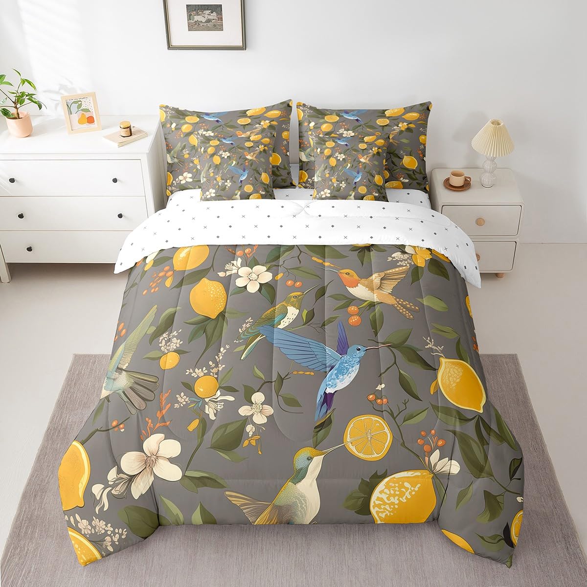 Erosebridal Lemon Trees Bedding Set for Kids Teens,Hummingbirds Comforter Set King Size,Oil Painting Lemon Fruit (Comforter+Fitted+Flat Sheet+2 Pillowcases+2 Throw Pillow Covers) 7 Pieces Bed Set
