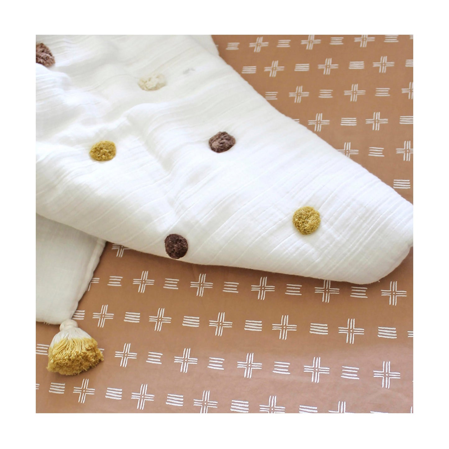Crane Baby Blanket, 36” x 36”, Soft Cotton Pom Pom Nursery Blanket for Boys and Girls, Cream
