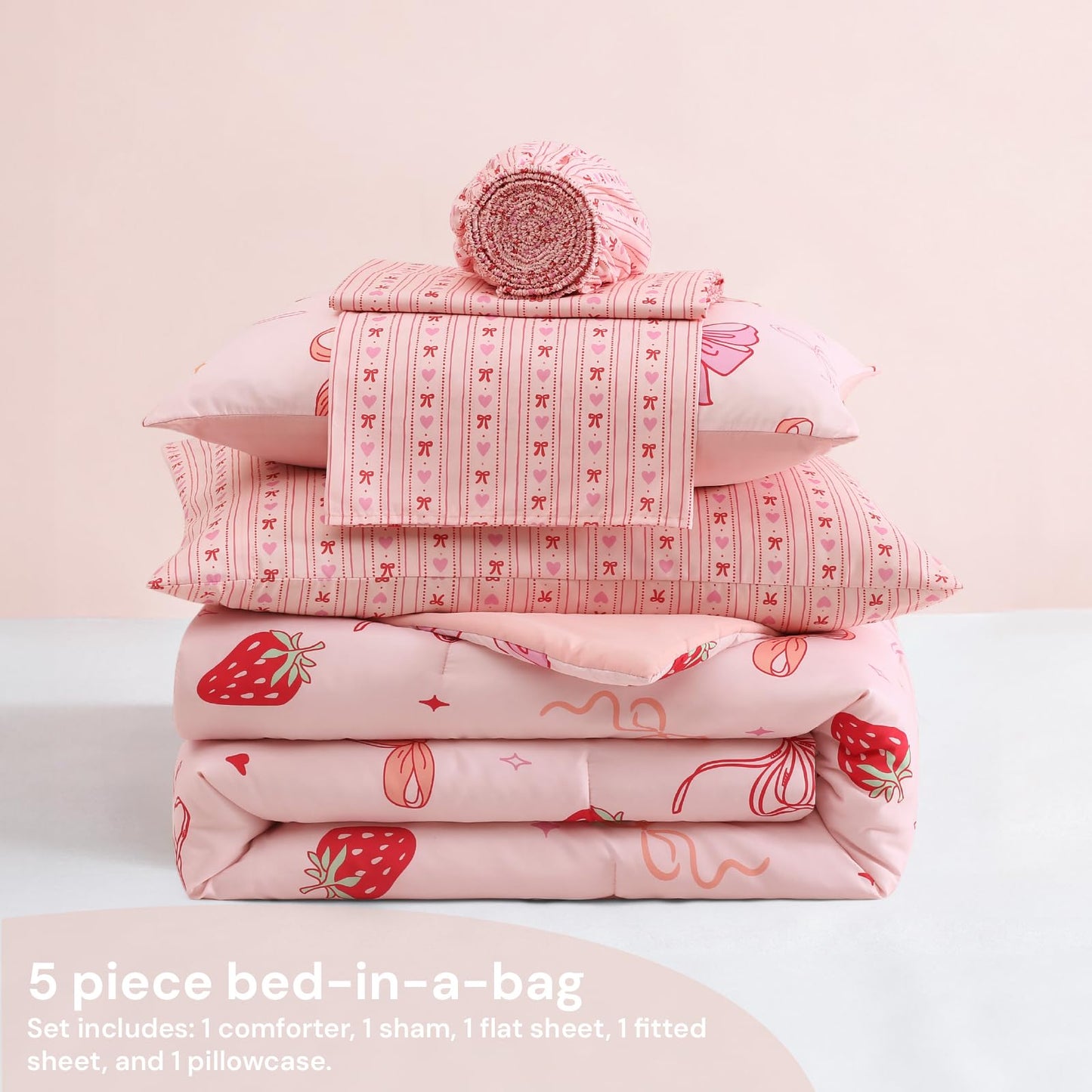 BLOOMHAVEN Twin XL Comforter Set for Girls, 5 Pieces Pink Bedding Set with Strawberry Bow, All Seasons Kids Twin Comforter Set with Sheets, Pillowcase & Sham